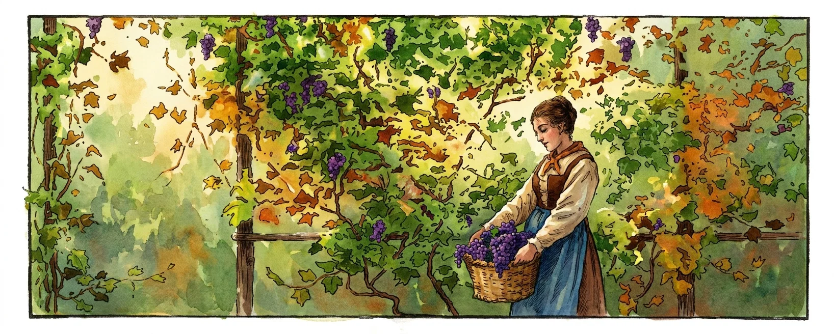 A young woman stands in a leafy garden or hedgerow, shown in profile amid dense foliage and tree branches. She wears a long dress with a dark fitted bodice or shawl and appears to be gathering or carrying a large bundle of plants, flowers, or brush in front of her. A substantial tree trunk rises near the left side, while tangled vegetation fills the background and frames the figure. The scene is enclosed by a simple rectangular border, with no visible lettering or other text within the image.