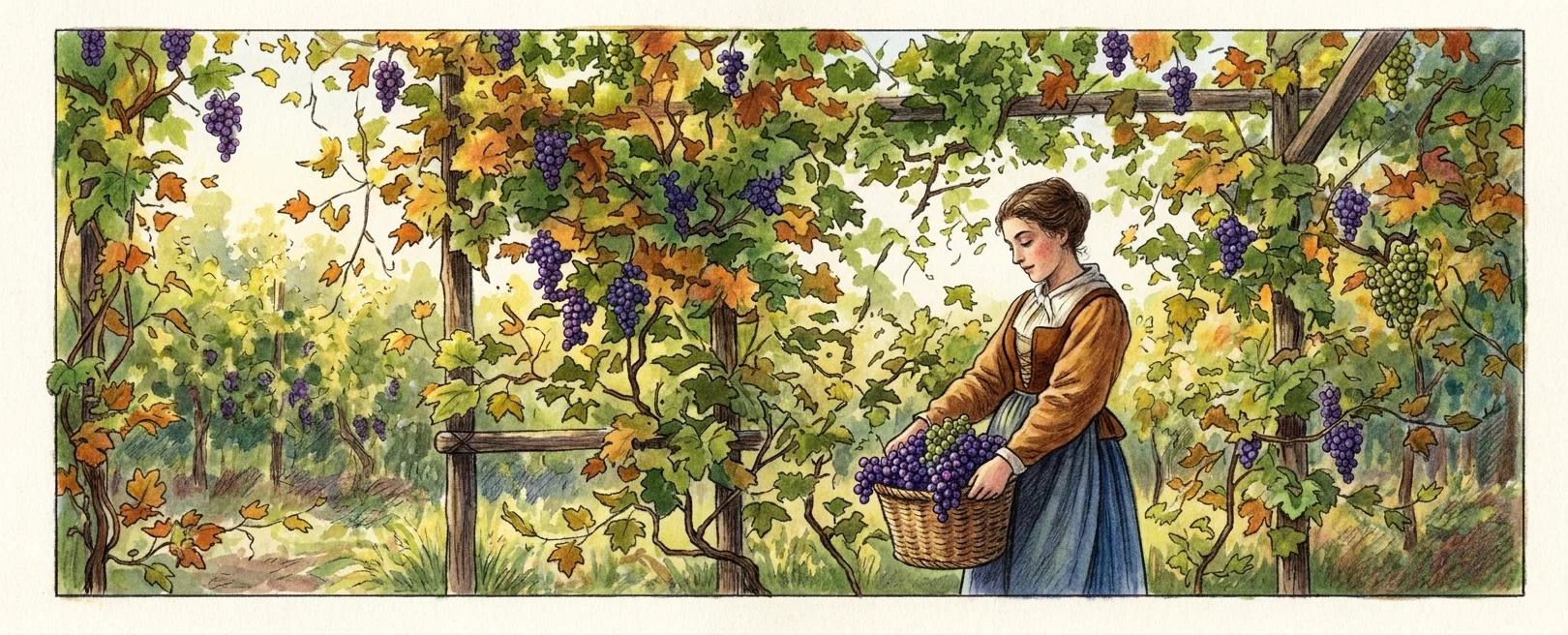A woman stands outdoors beneath dense, overhanging foliage, bending slightly as she gathers or tends plants. She wears a dark bodice or jacket over a light blouse, with a long striped skirt, and holds a large woven basket or bundle in front of her. A low wooden fence or rail runs across the lower middle of the scene, partly obscured by leaves and branches. The composition is framed by a simple rectangular border, with abundant vegetation filling the background and no visible lettering, animals, or other people.