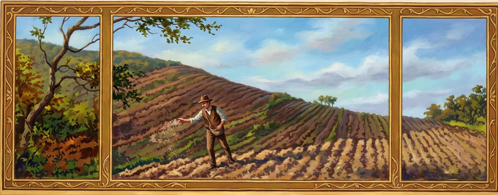 A panoramic rural landscape shows a steep, cultivated hillside covered with orderly rows of vines or crops descending toward the foreground. In the central panel, a solitary farmer stands among the furrows, appearing to work the ground with a long-handled tool, while a broad wooded or scrub-covered ridge rises behind him beneath a pale sky. Narrow side panels extend the scene, showing additional sloping farmland and vegetation, including a prominent bare, twisting tree trunk and branches at left. No readable lettering or signs are visible within the image.