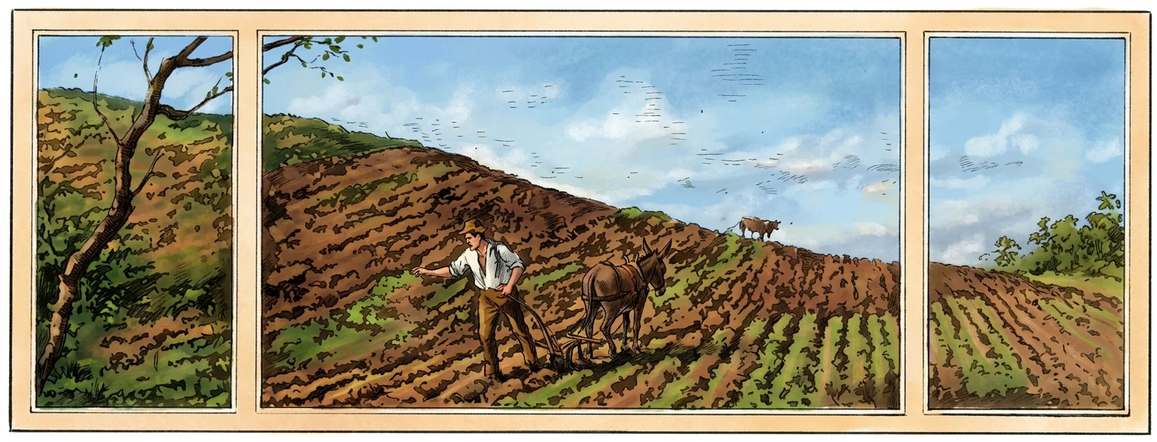 A panoramic rural landscape is divided into three adjoining panels. The broad central scene shows a steep, darkly textured hillside descending toward a cultivated field marked by many curved rows, with a solitary robed figure standing in the foreground and extending one arm. A large, leafless, twisting tree frames the left panel, while the right panel continues the furrowed farmland beneath a hazy sky, with low vegetation and distant trees along the horizon. No visible lettering or other text appears within the depicted scene.