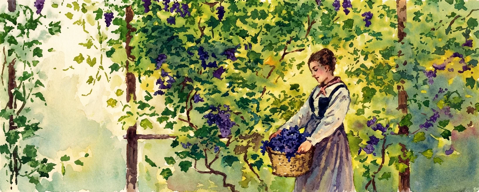 A woman stands in a leafy vineyard or garden, bending slightly as she gathers grapes or foliage into a large woven basket held at her side. She wears a long dress with a light blouse and dark sash or bodice, and her head is turned toward the plants. Dense vines and branches fill the background and form a natural canopy, while a rustic wooden fence or trellis runs horizontally across the lower middle of the scene. The composition is enclosed by a simple rectangular border, with no visible lettering or other text.