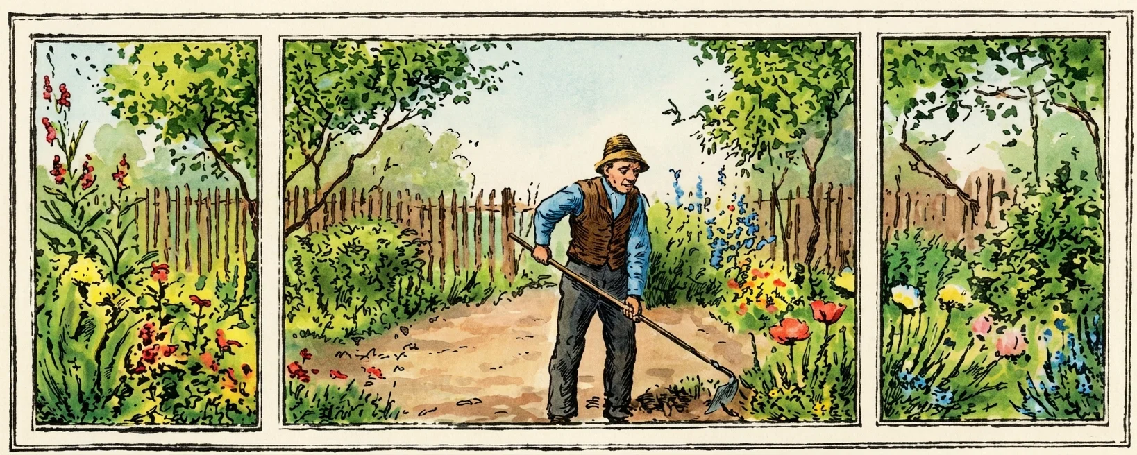 A triptych-like rural scene shows a solitary man in the central panel, standing in a wooded field or garden and using a long-handled tool to dig into the ground. He wears a brimmed hat, jacket, trousers, and sturdy shoes, with one hand gripping the handle near his waist and the tool angled down toward the earth. Trees, dense shrubs, grasses, and a rustic stake fence fill the background. The narrow side panels continue the surrounding vegetation, with no visible animals, signs, or lettering.