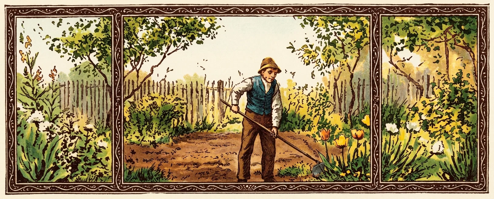 A three-panel rural scene depicts a man working in a vineyard or cultivated field. In the central panel, a solitary laborer wearing a brimmed hat and dark vest bends slightly while using a long-handled hoe or similar tool against the ground. Behind him are rows of tall plants or vines enclosed by a rustic vertical-stick fence, with trees framing the scene. The narrow side panels show dense vegetation, leafy branches, shrubs, and additional fenced or planted areas, creating a continuous pastoral setting. No lettering or other text appears within the image.