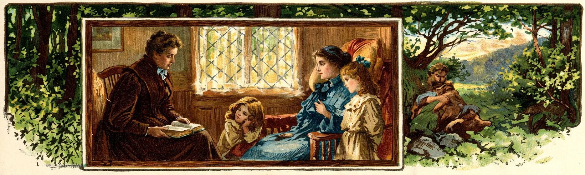 A pastoral domestic scene is framed by dense woodland. Inside a rustic wooden room, a seated man in dark clothing holds an open book and appears to read or teach to three listeners: a woman in a blue dress, a young girl in a pale dress standing beside her, and a smaller child leaning near the man. A latticed window illuminates the room, with wooden walls and chairs visible. At right, the scene opens into the countryside, where a bearded man in simple clothing reclines beneath a tree beside a green bundle or sack, with sunlit hills and fields beyond.
