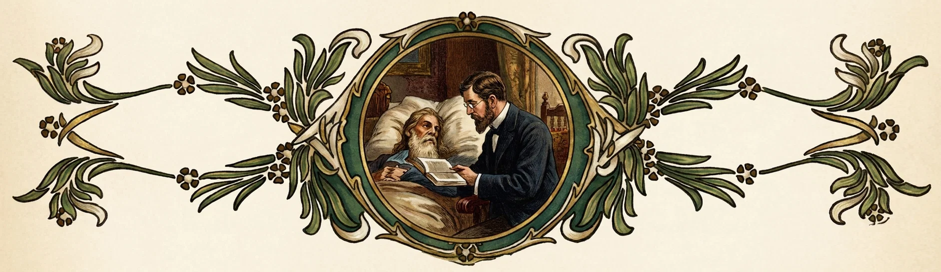 An ornate symmetrical floral border surrounds a central oval scene of a bedside medical consultation. An elderly, white-bearded man lies propped against pillows and blankets, appearing weak or ill, while a bearded physician in a dark suit leans toward him, holding an open book or document and listening attentively. The warmly furnished room includes a wooden bed, headboard, shelves or furnishings, and a small table or stand in the background. Green leaves, curling cream-colored tendrils, gold accents, and small clustered blossoms extend decoratively on both sides of the oval.
