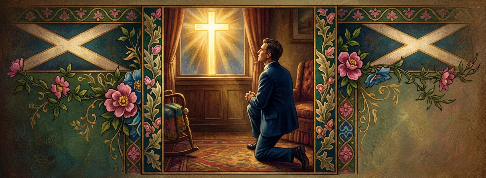A richly ornamented scene shows a dark-haired man in a blue suit kneeling in prayer on a patterned rug inside a warmly furnished room. He faces a bright window where a glowing white cross shines against the daylight, casting golden rays through parted curtains. A chair, small table, upholstered seating, wood paneling, and framed wall art surround him. The central devotional scene is bordered by elaborate vertical floral panels, while the wider composition includes symmetrical green-and-gold decorative motifs, pink and blue flowers, curling vines, and large pale crossed bands on either side.