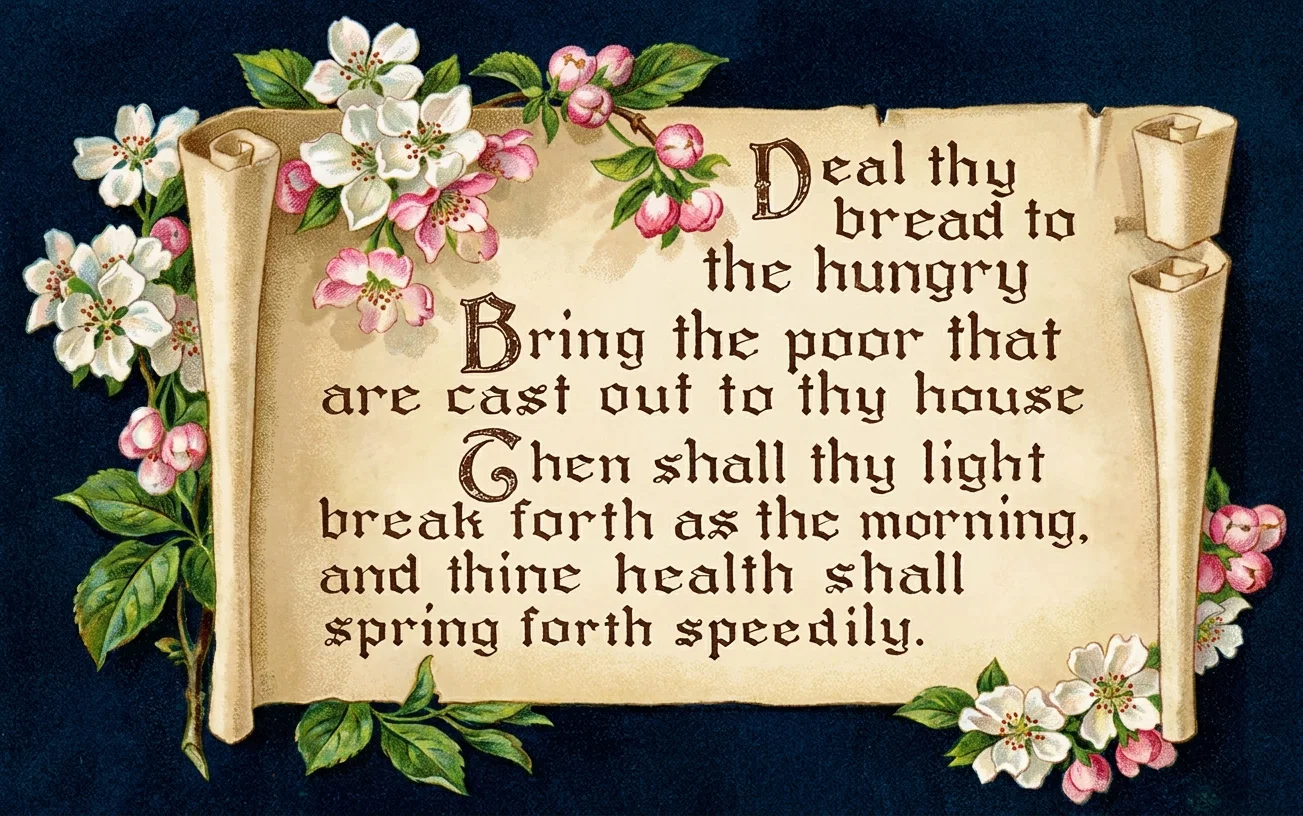 Deal thy bread to the hungry

Bring the poor that are cast out to thy house.

Then shall thy light break forth as the morning, and thine health shall spring forth speedily.