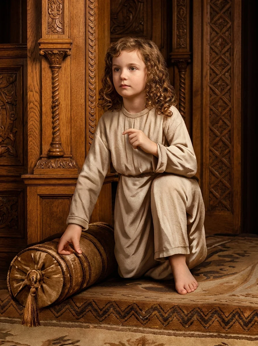 A young curly-haired child kneels on a richly patterned rug inside an ornate wood-paneled room. The child wears a loose cream-colored tunic and matching trousers, rests one bare foot on the floor, and reaches down to touch a cylindrical brown bolster or rolled cushion with braided edging and tassels. The other hand is raised near the chest, while the child gazes thoughtfully toward the side. Carved wooden columns, decorative panels, and dark furnishings frame the scene, creating a warm, formal interior.