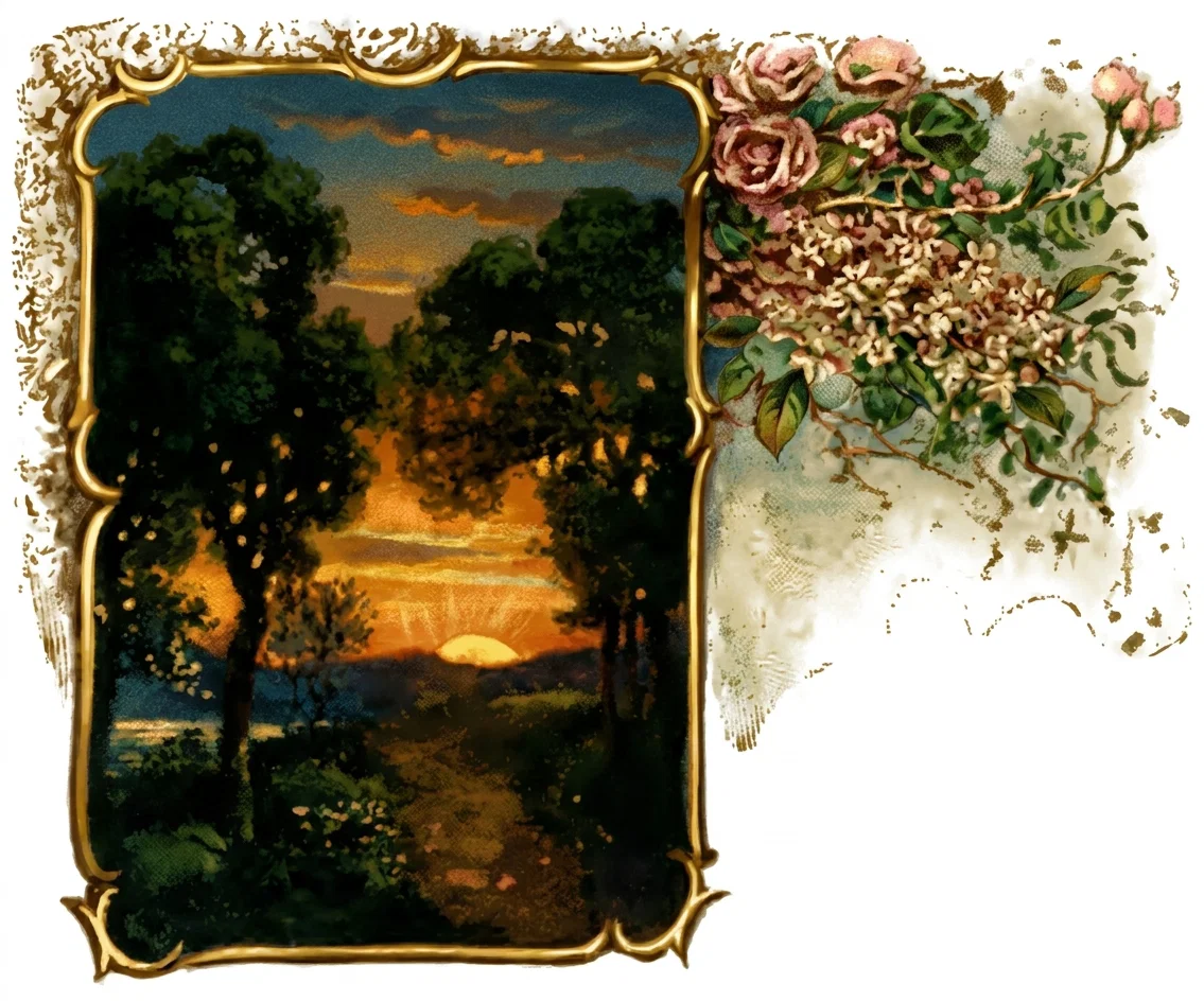 A tranquil sunset landscape is framed by an ornate, curling gold border. A narrow path winds through dense, shadowy woodland toward a low horizon, where the sun appears as a glowing semicircle beneath layered hills. The sky transitions from deep blue overhead to warm orange and gold near the horizon, with scattered clouds catching the light. Dark trees and leafy undergrowth fill both sides of the scene, while a decorative cluster of pink roses, pale blossoms, green leaves, and budding branches extends from the upper right corner. No text or figures are visible.