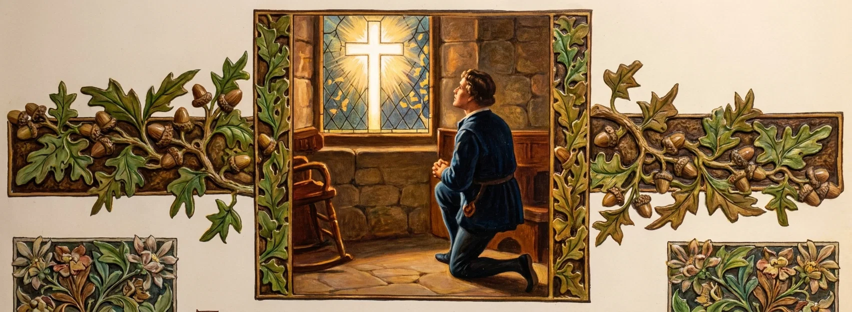 A young man in dark clothing kneels in prayer inside a rustic stone-walled room, his hands clasped and his face turned toward a glowing white cross set in a small leaded window. Warm golden light radiates around the cross, illuminating the wooden floor, paneling, and a nearby wooden chair. The central devotional scene is framed by elaborate carved-looking borders of green oak leaves, curling branches, and numerous acorns, with additional floral panels visible along the lower edges. No text or lettering appears within the artwork.