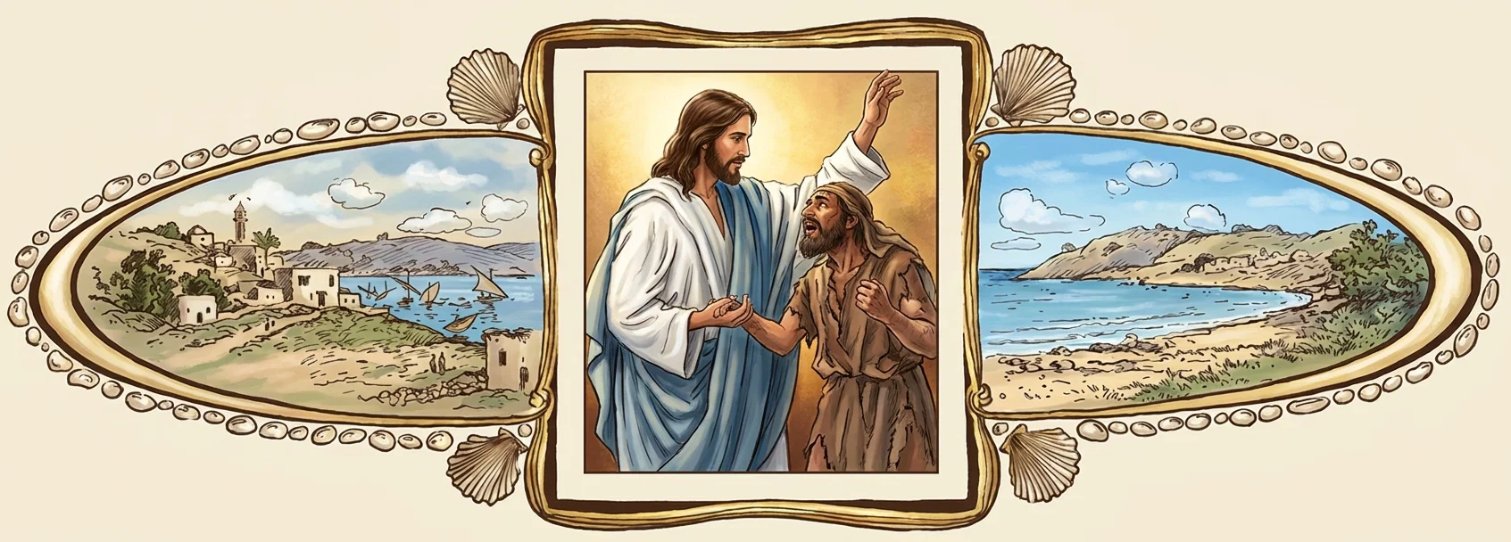 A decorative triptych depicts Jesus beside the Sea of Galilee. In the central panel, Jesus, dressed in flowing white and blue robes, raises one hand while facing a bearded, disheveled man in a brown tunic who gestures upward and looks toward Him with an intense, hopeful expression. The flanking oval panels show coastal landscapes: a small shoreline village with boats, hills, and a tower on the left, and a quiet sandy bay bordered by rocky hills and shrubs on the right. The scenes are framed with wood-toned borders, pearl-like beads, and seashell ornaments.