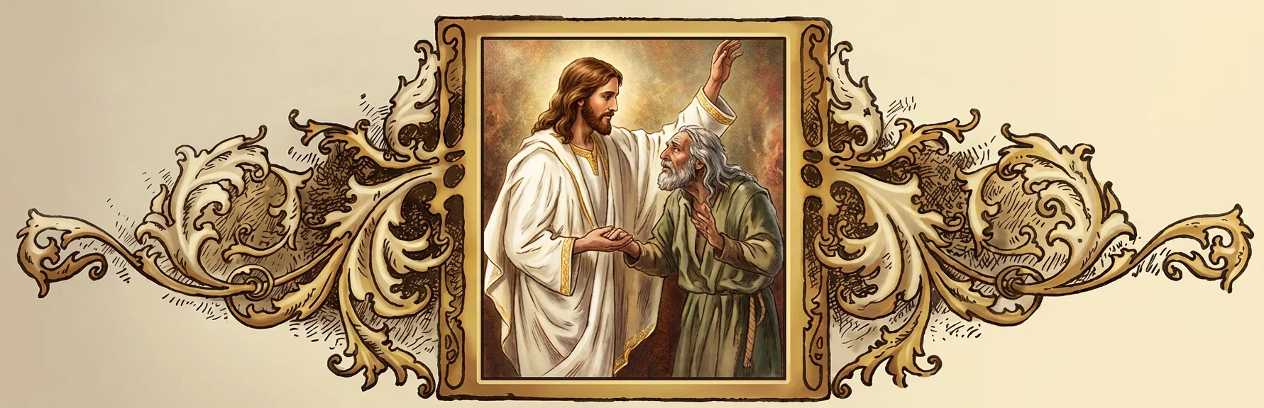 A central framed scene shows Jesus, dressed in flowing white robes with gold edging, gently holding the hand of an older, gray-haired bearded man in a green robe. Jesus raises his other hand in a blessing or healing gesture while looking compassionately toward the man, who gazes up at him with one hand lifted near his chest. The figures stand against a warm, softly clouded background. Elaborate symmetrical brown-and-gold ornamental foliage and scrollwork surrounds the rectangular image on both sides; no lettering or other objects are visible.