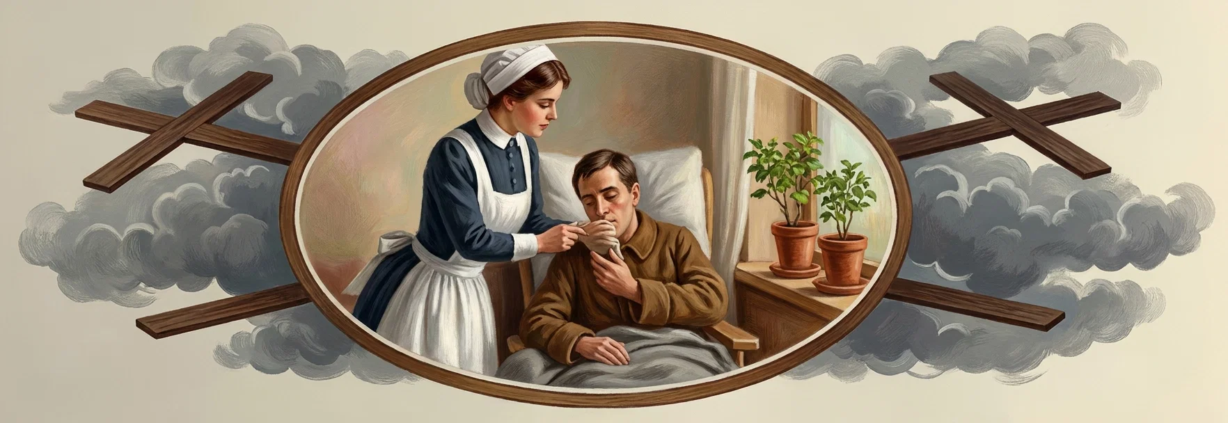 An oval-framed domestic scene shows a nurse in a dark blue dress, white apron, and white cap tending to a seated or reclining man. She gently holds a spoon or cup to his mouth while he supports it with one hand, suggesting bedside care. The man wears a brown shirt and is partly covered by a gray blanket, with a white pillow behind him. Two potted green plants sit on a wooden windowsill to the right, while stylized gray clouds and crossed wooden beams surround the oval frame.