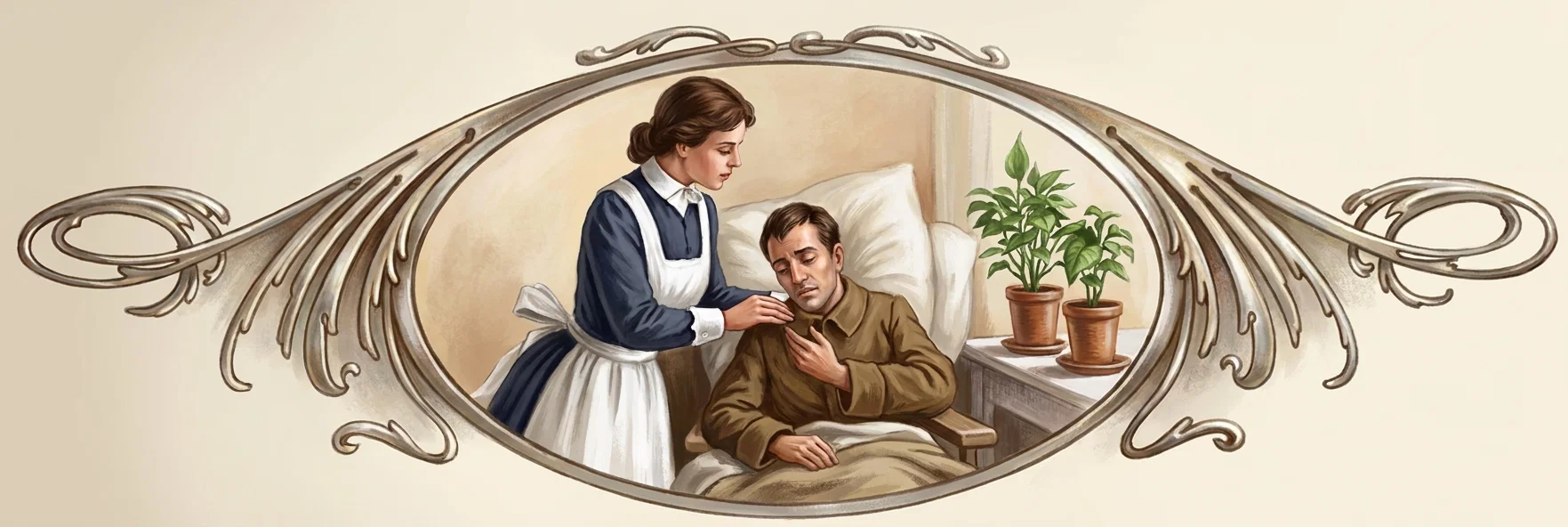 An ornate oval frame encloses a quiet sick-room scene. A nurse in a dark blue dress with a white apron stands beside a seated or reclining man, gently resting one hand on his shoulder while he looks troubled and holds his chest. He wears a brown shirt and is partly covered by a light blanket, with pillows behind him. Two leafy potted plants sit on a ledge near the bed, suggesting a fresh, carefully tended room. Decorative scrolling foliage and curved lines extend symmetrically from the frame on both sides; no text appears within the artwork.