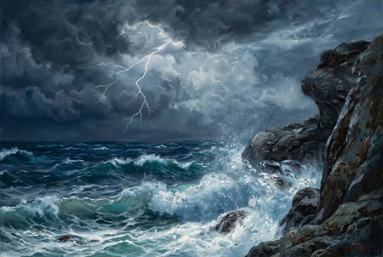 " From the solemn roll of the deep-toned thunder."