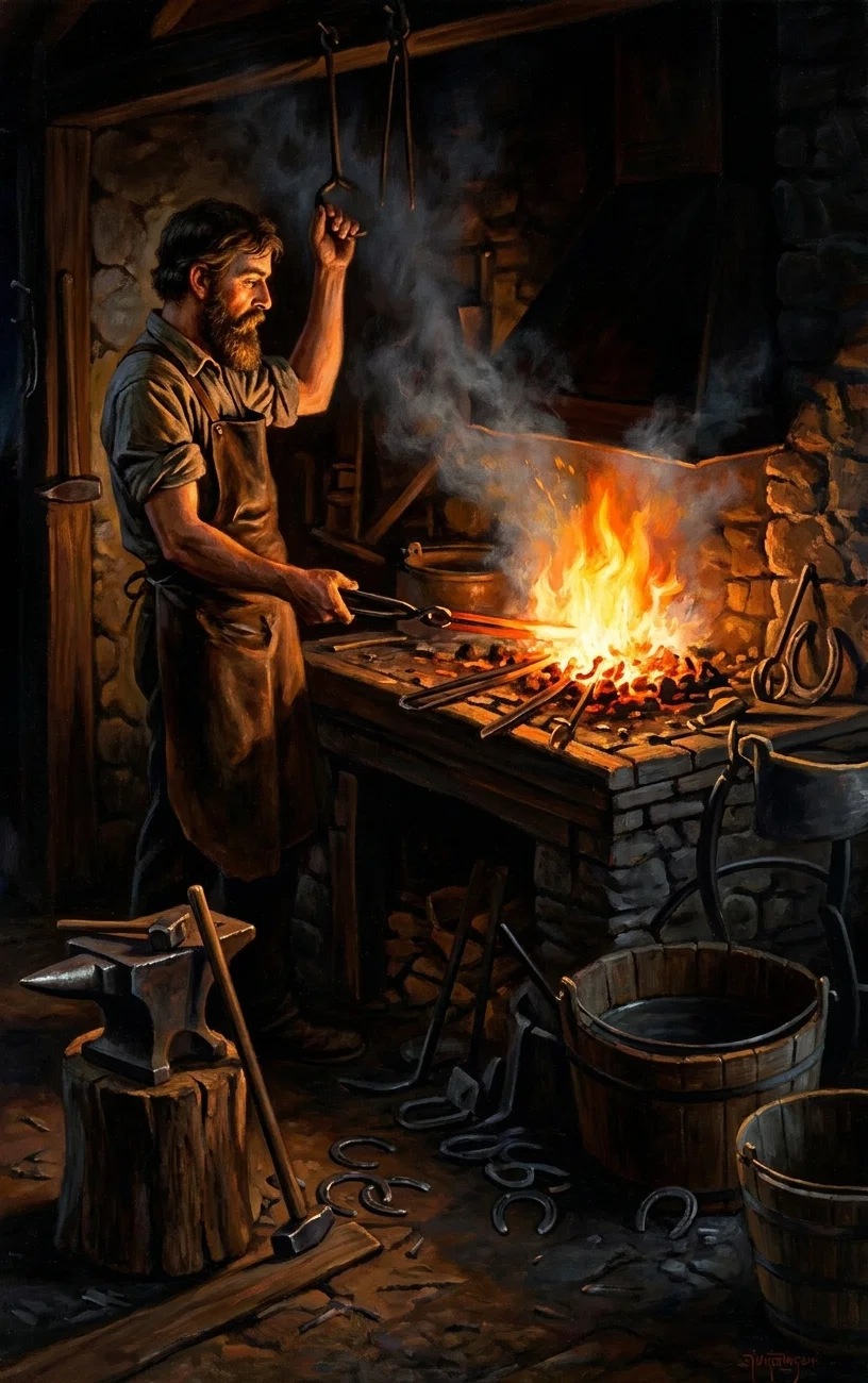 “ The blacksmith puts the iron and steel into the fire.”