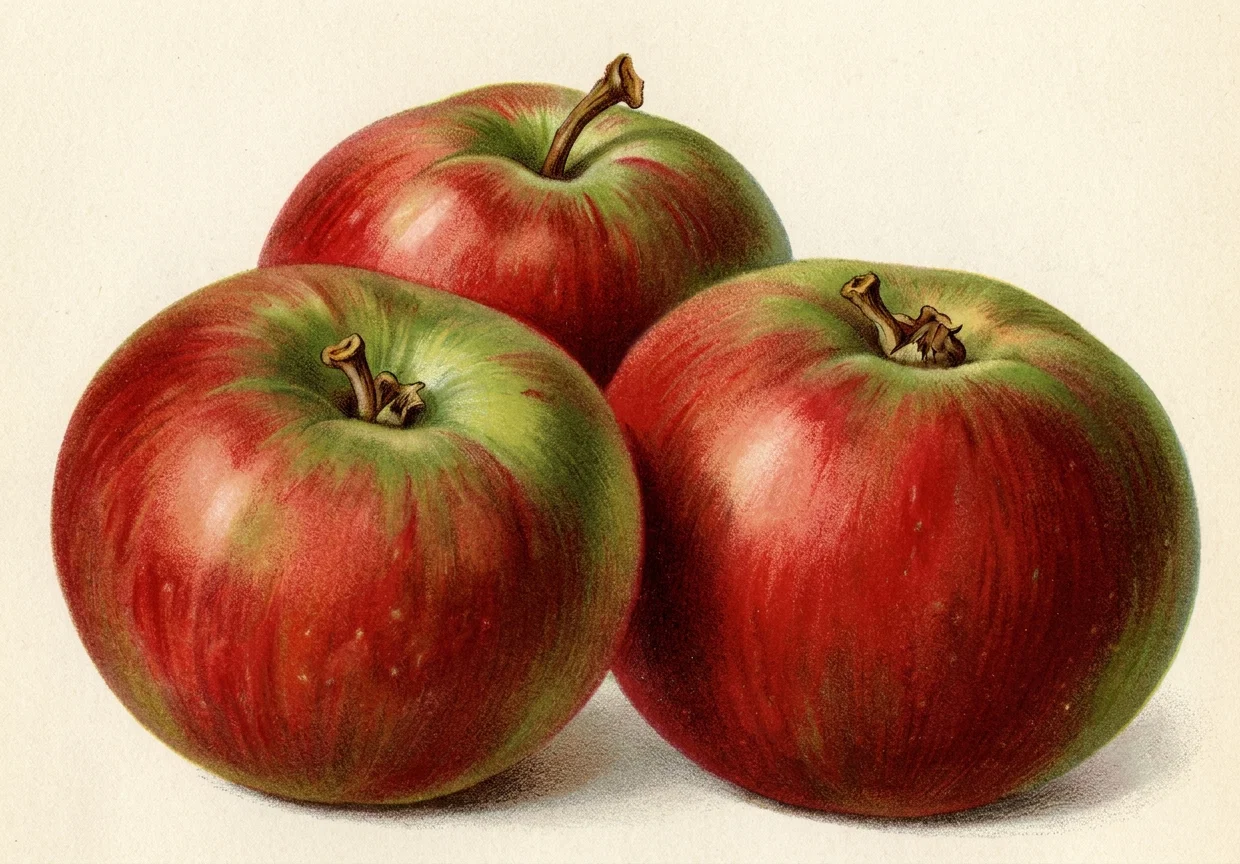 A botanical study depicts three large, ripe apples arranged in a compact cluster against a plain cream-colored background. The fruits are rounded and richly shaded, with deep crimson-red skins blending into green around their upper shoulders and edges. One apple sits slightly higher at the back, while two larger apples overlap in the foreground. Each has a short brown stem emerging from a shallow central depression, with subtle highlights suggesting smooth, glossy surfaces and soft shadows beneath grounding them.
