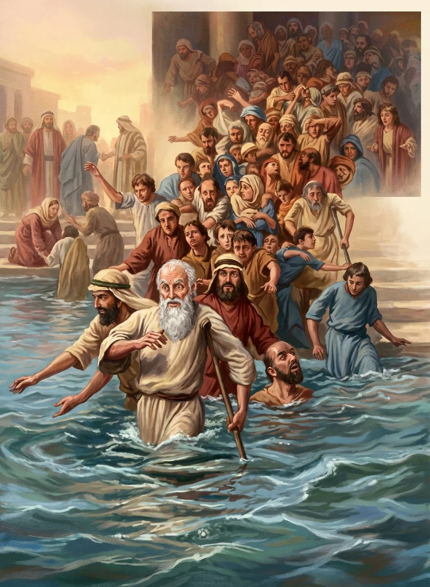 " When the water was troubled, . . . they rushed forward."