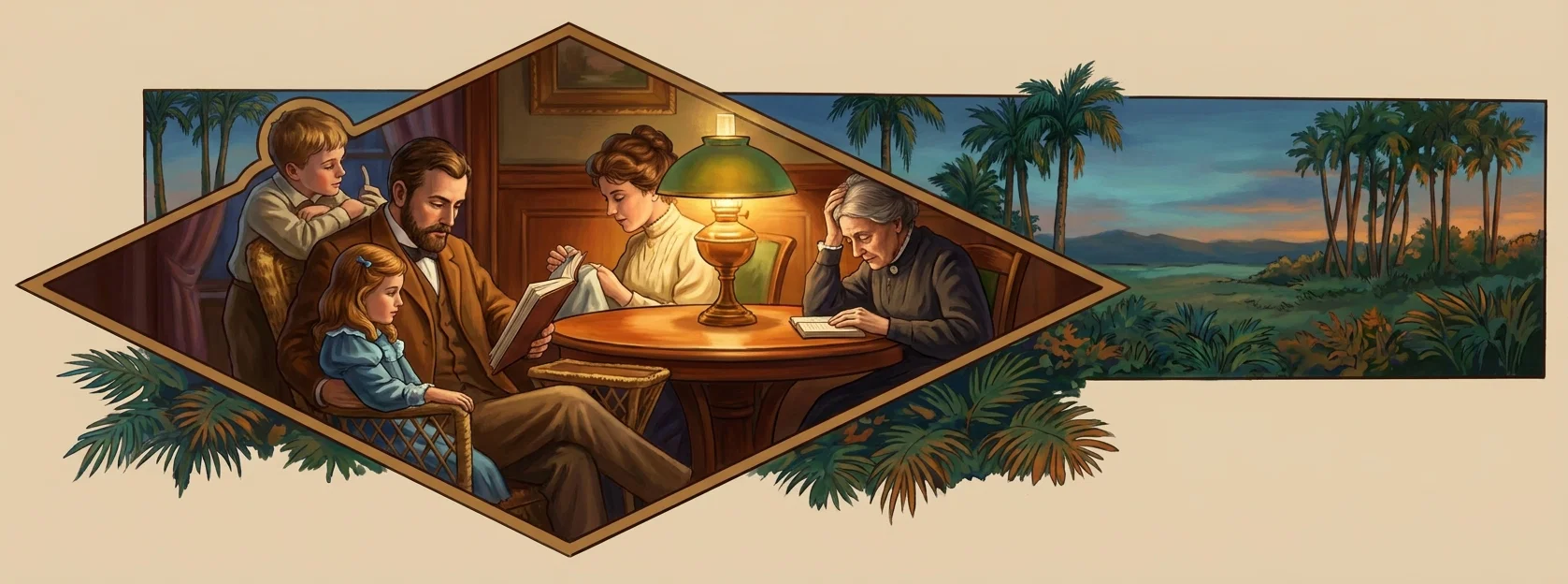 A family gathers around a warmly lit wooden table indoors, apparently engaged in reading and studying. A bearded man holds an open book while a young girl sits on his lap, and a boy leans over his shoulder with a pencil or finger poised near the pages. A woman beside them reads from another open volume, while an older gray-haired man writes or studies at the table. A green-shaded oil lamp illuminates the scene, with wood paneling and a framed picture behind them. The interior is framed by a tropical landscape of palm trees, distant mountains, and dense greenery, creating a diamond-shaped central composition.
