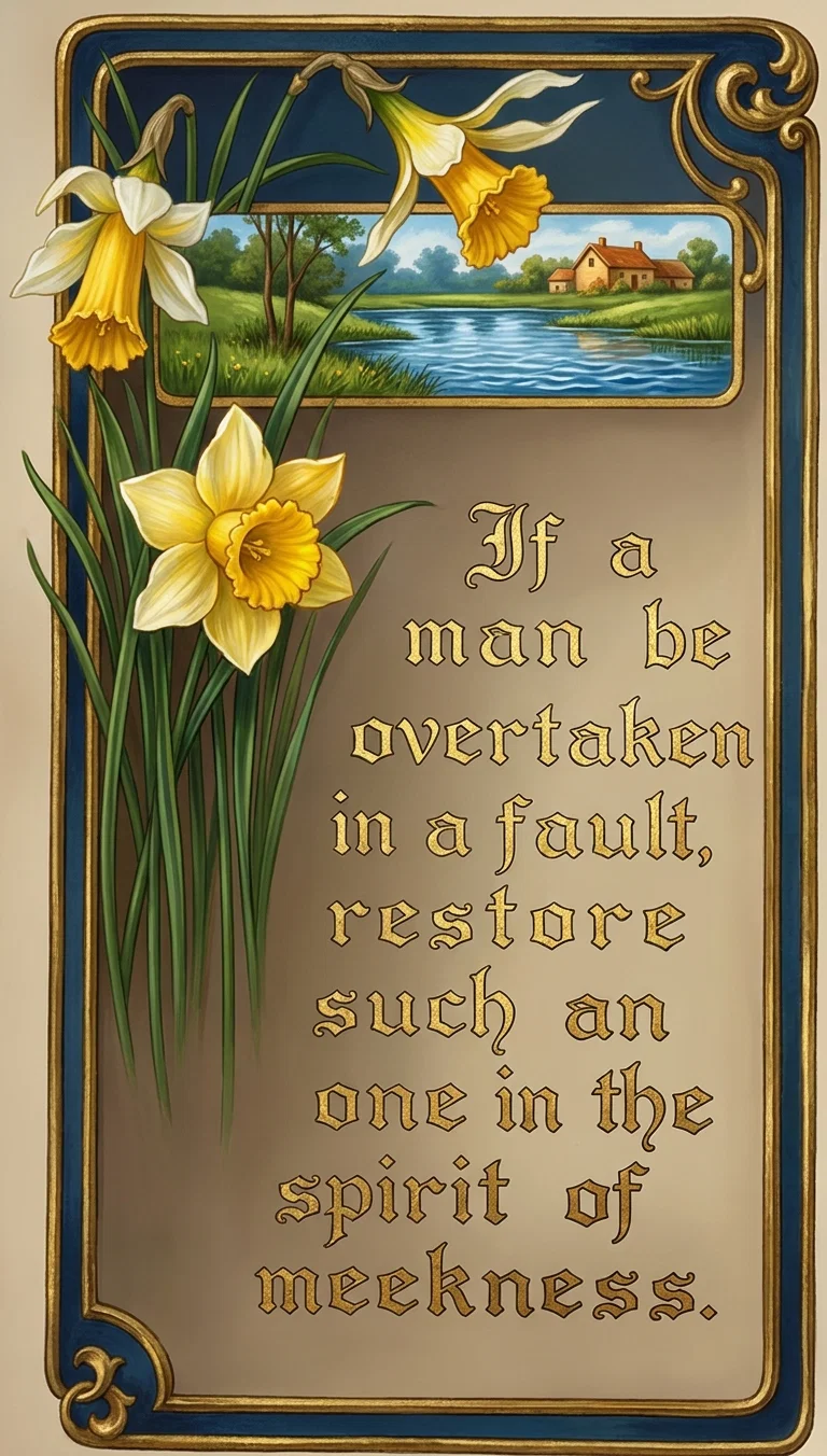 If a
man be
overtaken
in a fault,
restore
such an
one in the
spirit of
meekness.