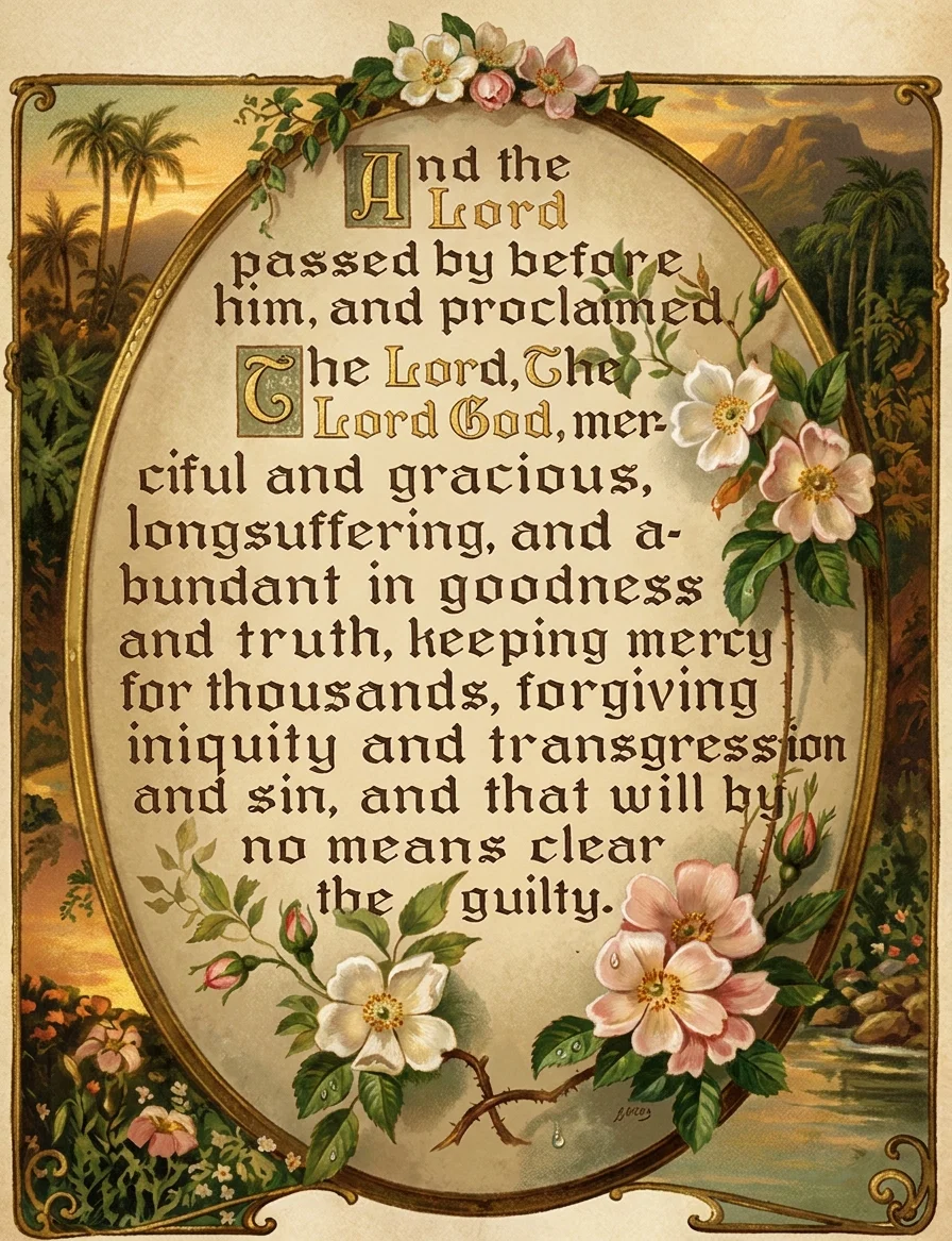 And the Lord passed by before him, and proclaimed, The Lord, The Lord God, merciful and gracious, longsuffering, and abundant in goodness and truth, keeping mercy for thousands, forgiving iniquity and transgression and sin, and that will by no means clear the guilty.