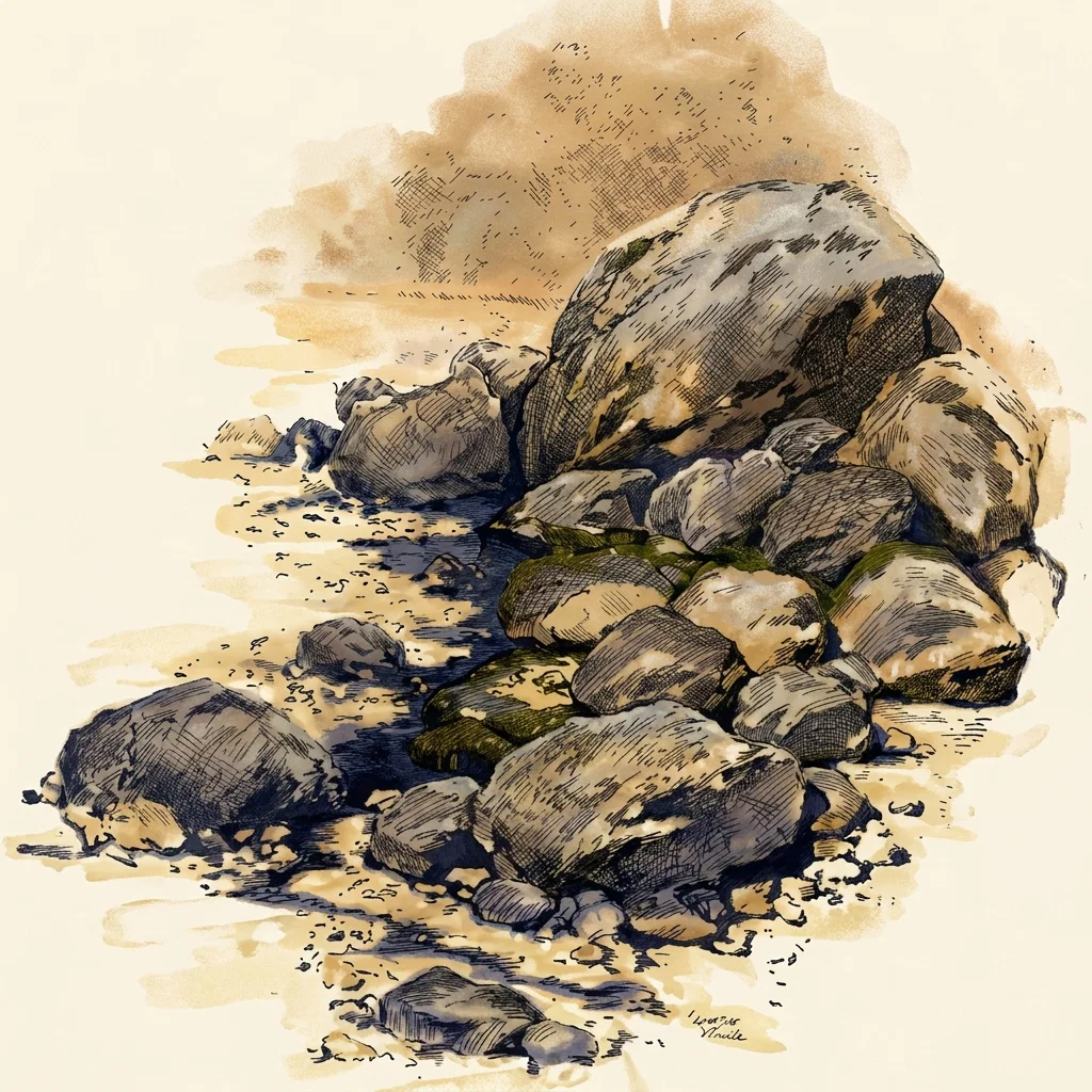 A rugged shoreline or desert outcrop is depicted, dominated by a cluster of large, weathered boulders and smaller stones scattered across the foreground. The rocks are rendered in muted gray, ochre, and blue-gray tones with dense crosshatching, and several are streaked with dark green moss or vegetation. Shallow water or wet sand winds among the stones, with small ripples and scattered pebbles visible at the left and bottom. A hazy tan sky or dusty background rises behind the rock formation, creating an austere, barren atmosphere. No people, animals, or legible text appear.