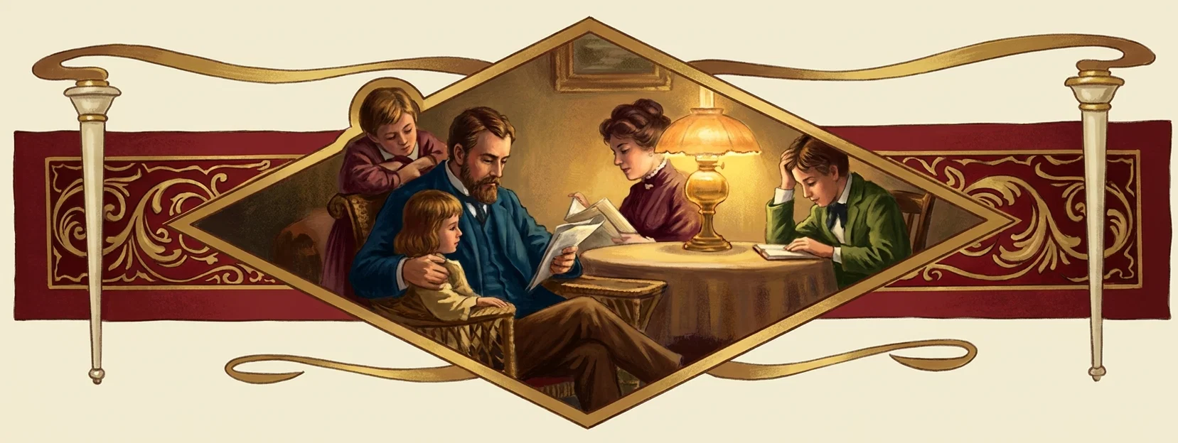 An ornate Art Nouveau-style domestic scene is framed within a large central diamond, bordered by sweeping gold scrollwork, decorative red panels, and slender classical columns. At left, a bearded father in a blue coat sits reading from an open paper while holding a young child on his lap; another child leans over the back of his chair. At right, a woman in a purple dress reads at a round table illuminated by a glowing lamp, while a boy in green studies or writes beside her. The warmly lit room includes furniture, papers, and a framed picture, with no visible lettering.