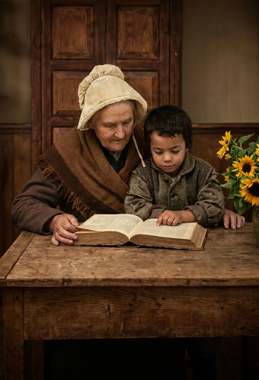 An elderly woman and a young boy sit closely together at a rustic wooden table, looking down at an open, heavily bound book with dense printed pages. The woman wears a cream bonnet, brown shawl, and dark clothing, while the boy is dressed in a gray textured coat. Their hands rest near the book as if reading or studying it together. Behind them is a paneled wooden door and warm brown interior walls, and a vase of bright yellow sunflowers fills the right side of the composition.