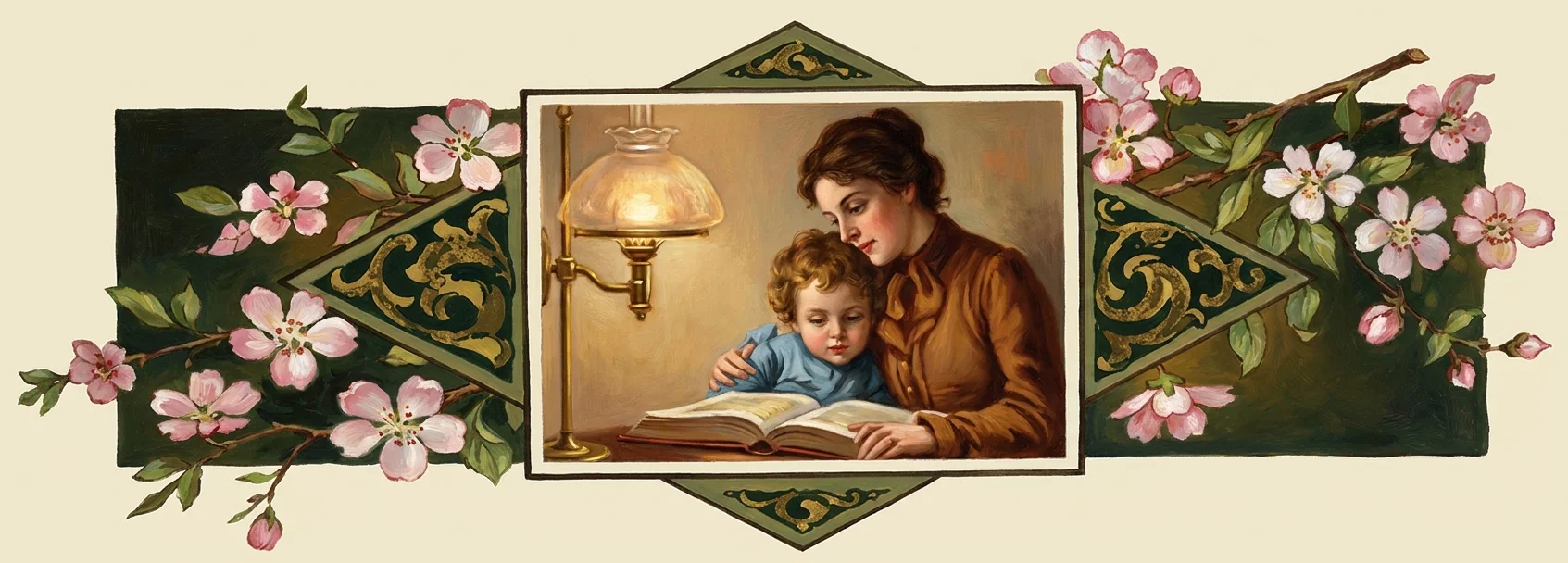 A warmly colored domestic scene shows a mother seated beside a young child, gently guiding him as they read together from an open book on a table. The child, dressed in blue, leans forward attentively, while the mother in a brown dress looks down with a tender, encouraging expression. A glowing brass oil lamp stands at the left, illuminating the pages and their faces. Surrounding the central framed scene are dark green ornamental panels with gold scrollwork, intertwined branches, leaves, and abundant pink and white blossoms.