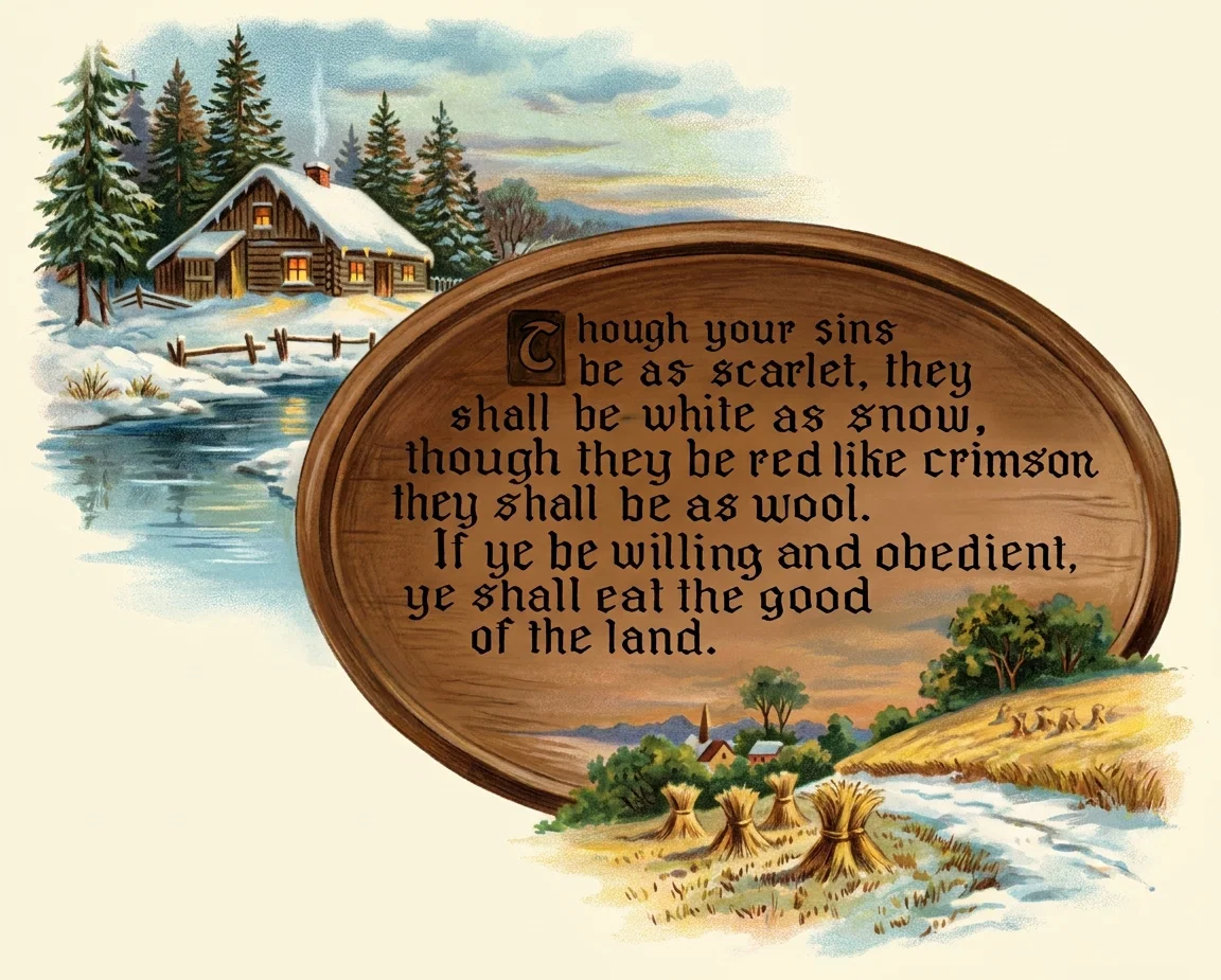 Though your sins be as scarlet, they shall be white as snow, though they be red like crimson they shall be as wool. If ye be willing and obedient, ye shall eat the good of the land.