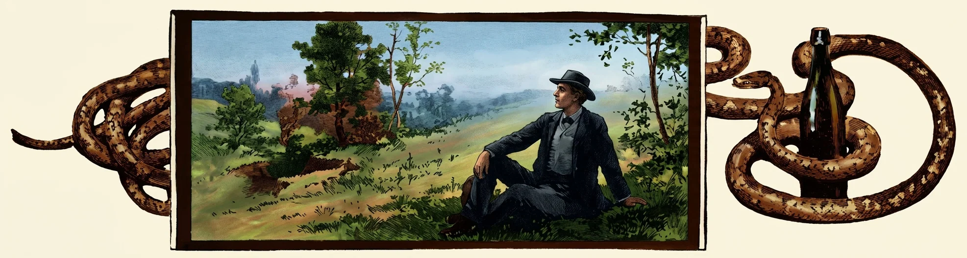 A rectangular pastoral scene shows a formally dressed man in a dark suit, vest, and broad-brimmed hat seated on the grass at the edge of a green field, gazing toward the left. Rolling hills, distant blue mountains, scattered trees, and a partly cloudy sky form the background. The central landscape is framed by dark borders and flanked on both sides by large brown snakes coiled around bottle-like objects, with the right side clearly showing a tall dark bottle encircled by a snake. No lettering is visible within the artwork.