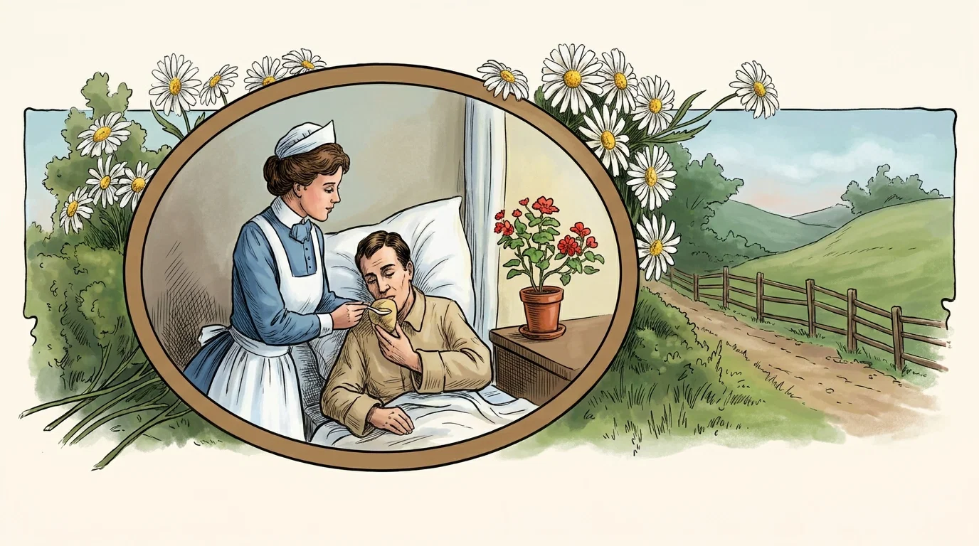 A pastoral scene frames an oval inset of bedside care. Inside, a nurse in a blue dress, white apron, and cap gently feeds a seated or reclining man from a spoon while he holds a cup, with white pillows and bedding behind him. A potted flowering plant rests on a small table beside the bed. Surrounding the inset are abundant white daisies, leafy greenery, rolling green hills, a winding country path, and a rustic wooden fence beneath a pale blue sky.
