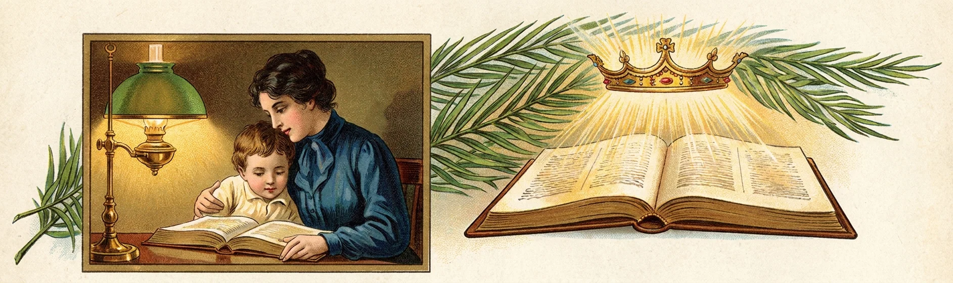 The image presents a devotional scene in two connected parts. At left, a woman in a dark blue dress sits beside a young boy at a table, guiding him as he reads an open book beneath a glowing green-shaded oil lamp. At right, a large open book rests prominently in the foreground, its pages filled with fine printed lines, while a jeweled golden crown shines above it with radiant beams. Long green palm fronds sweep across the background and around the crown, creating a symmetrical ornamental frame.