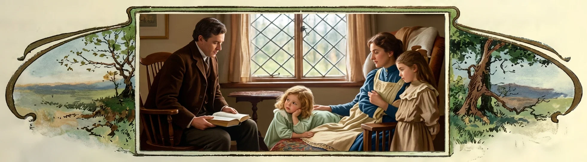 A warmly lit domestic scene shows a seated man in a dark suit reading from an open book to a family gathered beside him. A woman in a blue dress and cream apron sits in an upholstered chair, with an older girl in a tan dress standing close at her side and a younger curly-haired child reclining against the woman’s lap, listening attentively. They are arranged in a comfortable parlor with wooden chairs, a small table, patterned rug, and tall diamond-paned windows framed by curtains. Painted pastoral landscapes with trees and distant hills surround the central interior scene.