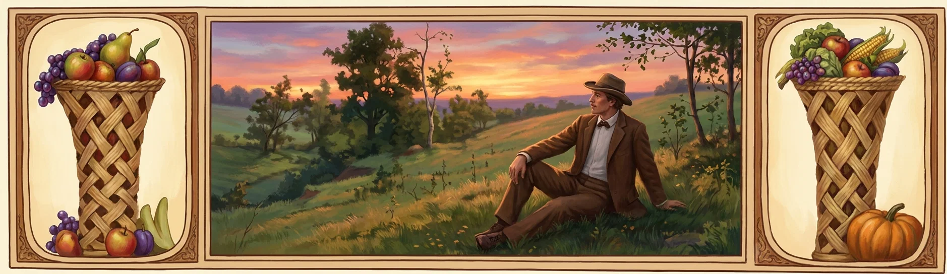 A pastoral sunset scene occupies the center, showing a well-dressed man in a brown suit, bowler-style hat, and boots reclining on a grassy hillside with one knee raised and one hand braced behind him. Rolling fields, scattered trees, and distant wooded hills extend beneath a glowing pink, orange, and purple sky. Flanking the landscape are two decorative woven baskets: the left holds grapes, apples, pears, plums, and bananas, while the right contains grapes, leafy greens, apples, corn, other fruit, and a pumpkin. No text is visible within the artwork.