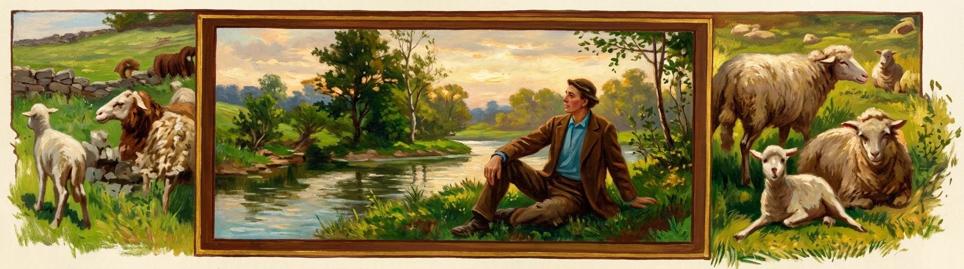 A pastoral scene presents a seated young man in a brown suit and blue shirt resting beside a tranquil river or pond. He sits on grassy ground beneath leafy trees, gazing across the water toward wooded hills and a softly colored evening sky. The composition is framed by two groups of sheep: several white and brown sheep and lambs stand near a low stone wall in the left meadow, while a large flock with lambs grazes in sunlit grass on the right. No text is visible within the artwork.