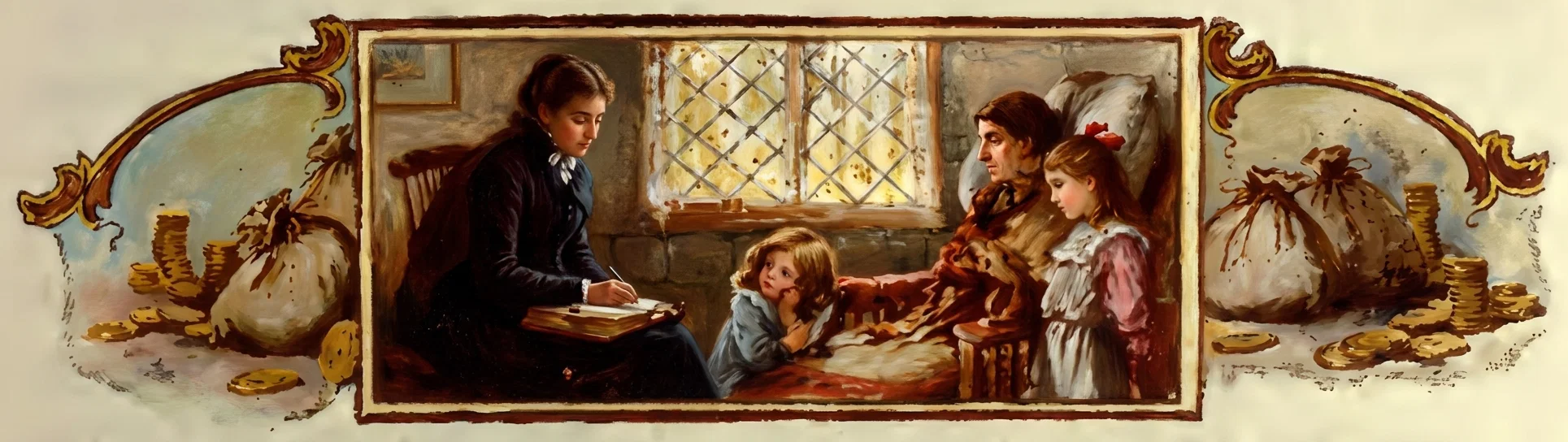 A woman in a dark dress sits at the left of a humble stone-walled room, writing in an open book or ledger on her lap. Across from her, an older man in a brown coat sits with a young boy leaning against him, while a girl in a pale apron and pink sleeves stands beside them. They appear engaged in a serious visit or conversation near a bed or bench, beneath a latticed window. Ornamental side panels show large tied sacks surrounded by scattered gold coins, emphasizing wealth.