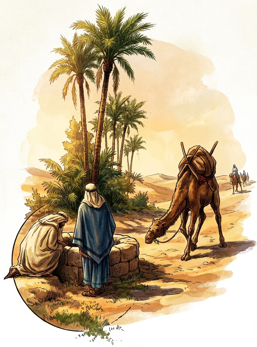 A desert caravan scene unfolds beside a lush grove of tall date palms. In the foreground, two robed travelers rest near bundled packs or low stone supports: one sits or kneels wrapped in pale garments, while another stands in a blue robe and head covering. At right, a heavily laden camel lowers its head toward the sandy path, with additional camels and riders receding into the distance. The warm ochre landscape, sparse shrubs, palms, and hazy hills suggest an oasis route under a pale golden sky.