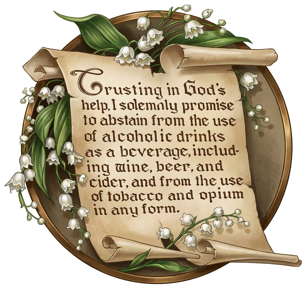 Trusting in God’s help I solemnly promise to abstain from the use of alcoholic drinks as a beverage, including wine, beer, and cider, and from the use of tobacco and opium in any form.