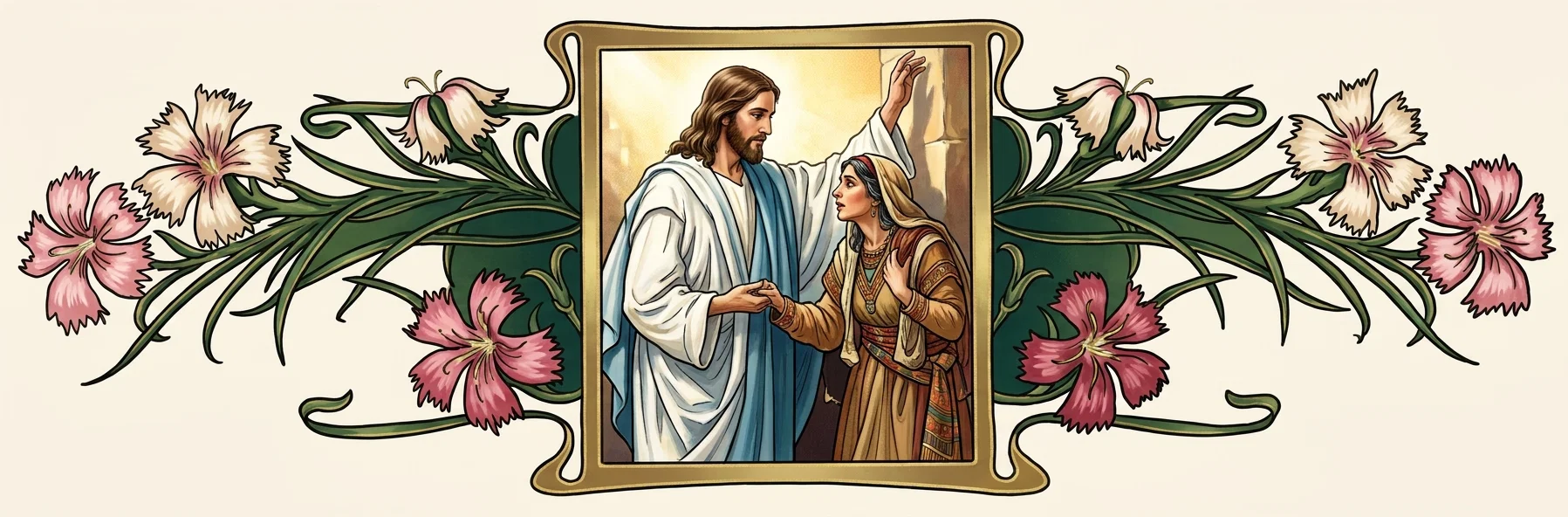 A central framed scene shows Jesus, wearing flowing white and blue robes, gently holding the hand of an afflicted woman while raising his other hand. The woman wears a richly patterned brown and gold dress, layered necklaces, and a head covering, and looks up toward him with hopeful attention. The pair stand within a warmly lit architectural interior. The rectangular image is surrounded symmetrically by ornate green foliage and curling stems bearing pink, cream, and crimson flowers, all enclosed by a decorative gold scrollwork frame. No text appears within the artwork.