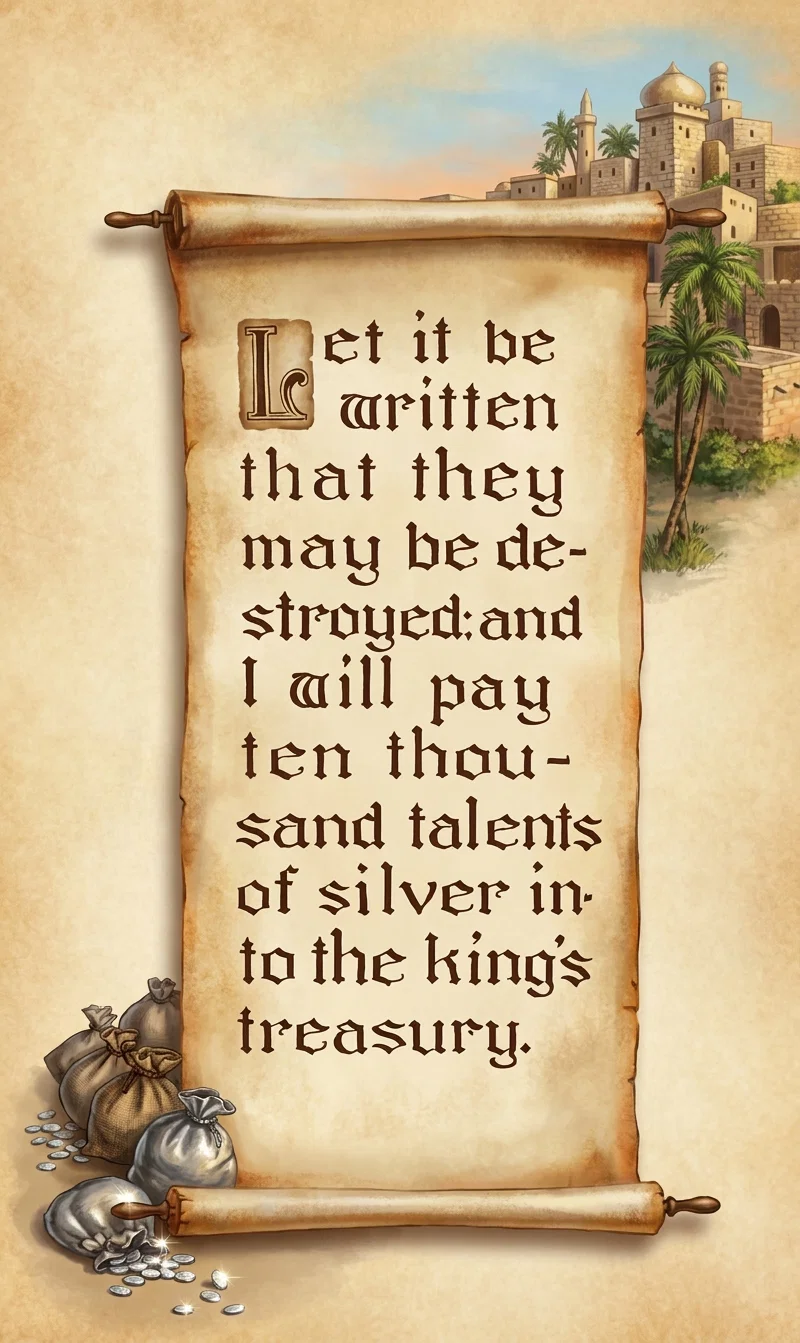 Let it be written that they may be destroyed, and I will pay ten thousand talents of silver into the king’s treasury.