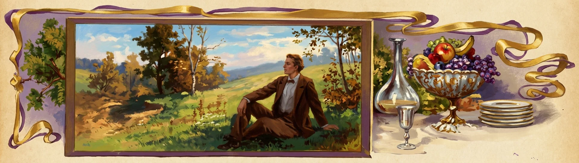 A decorative pastoral scene shows a well-dressed man in a brown suit seated on a grassy hillside, gazing across a sunlit countryside of trees, fields, distant hills, and blue sky. The landscape appears within an ornate purple-and-gold frame surrounded by curling ribbon-like decoration. To the right, a still-life arrangement includes a silver carafe, wineglass, ornate pedestal bowl overflowing with apples, grapes, berries, and a banana, along with a neat stack of plates. No text or lettering is visible in the artwork.