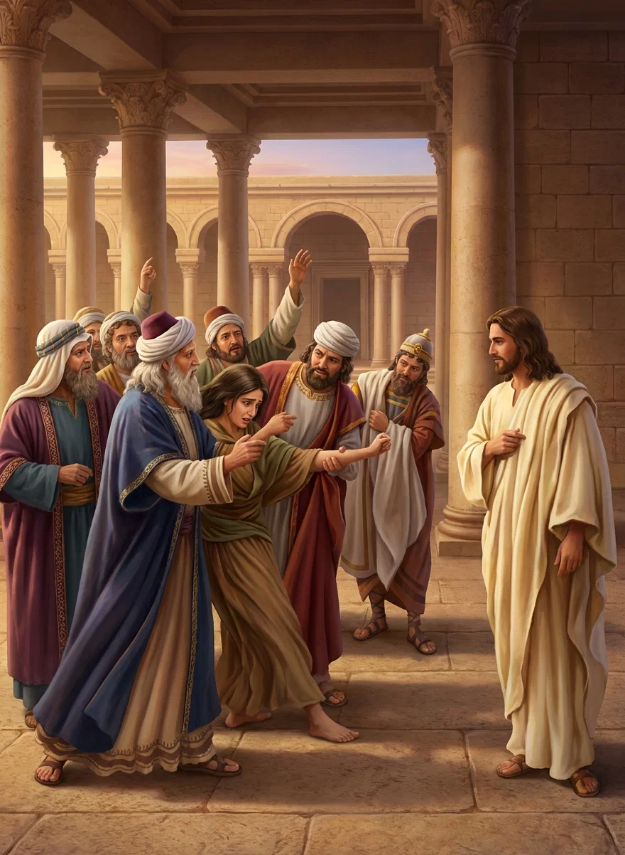 “A group of Pharisees and scribes approach Him, dragging with them a terror-stricken woman.”
