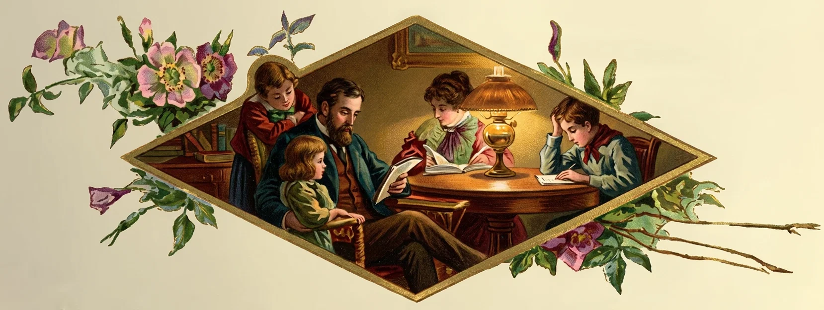 A warmly colored domestic scene shows a bearded father seated with a young child on his lap, reading from an open book. Three other children gather around a wooden table: a girl at center reads another book beneath a glowing brass oil lamp, while a boy at right writes or studies with his head resting on one hand. The family sits within a cozy study or parlor framed by shelves and furniture. The diamond-shaped interior is surrounded by decorative flowering branches, leaves, and blossoms, with no visible lettering.