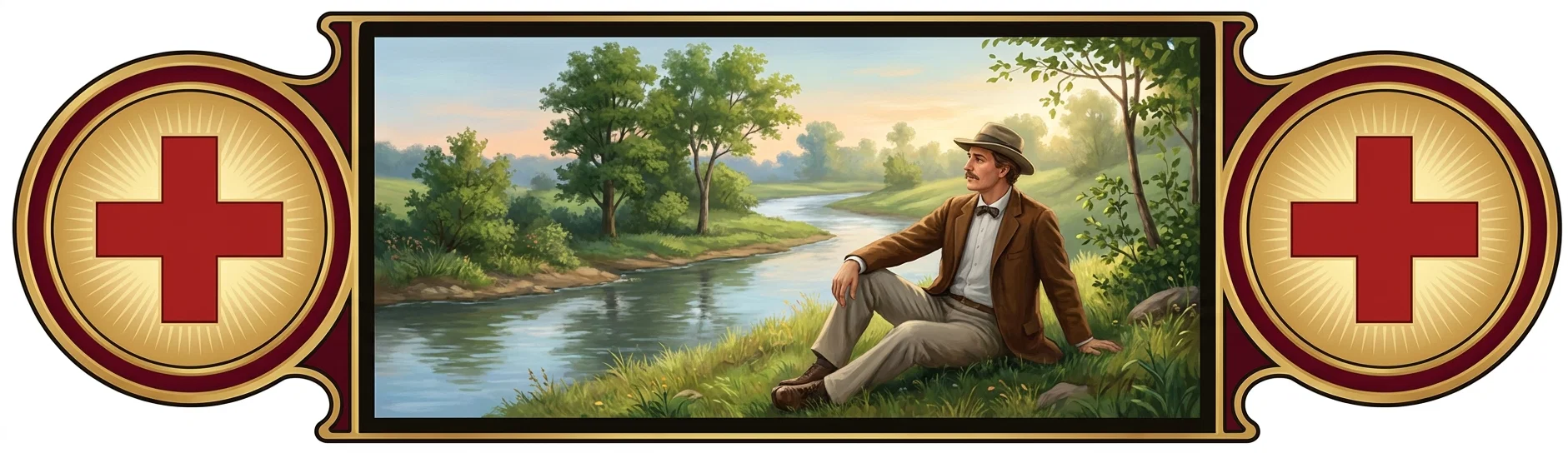 A pastoral scene shows a neatly dressed, mustached man seated on a grassy riverbank, resting with one knee raised and one hand behind him for support. He wears a light brimmed hat, brown jacket, bow tie, pale shirt, gray trousers, and dark shoes. A winding stream flows from the foreground into the distance through a sunlit green landscape, bordered by trees, shrubs, and meadow grasses beneath a softly colored sky. The central scene is framed by ornate dark red and gold decorative panels, each bearing a prominent red cross within a radiant circular medallion.