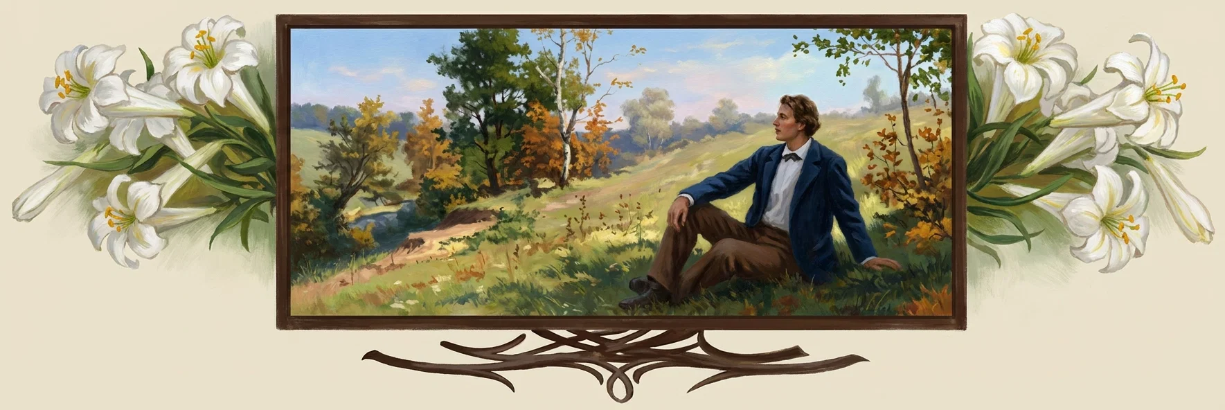 A framed pastoral scene shows a well-dressed young man seated on a grassy hillside beside a winding stream or pond. He wears a dark blue jacket, white shirt with a black bow tie, brown trousers, and dark shoes, gazing thoughtfully toward the landscape with one arm resting behind him. The background features rolling meadows, a dirt path, autumn-colored trees, distant wooded hills, and a softly clouded blue sky. Large clusters of white trumpet-shaped lilies with green leaves surround the frame on both sides, while an ornate dark-brown flourish decorates the lower edge. No text or lettering is visible.
