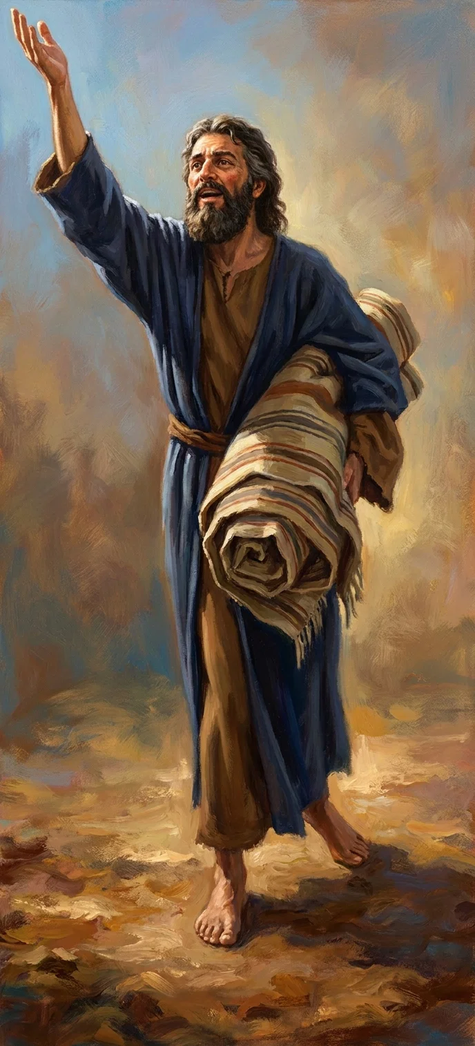 “Springing to his feet, he goes on his way with firm, free step.”