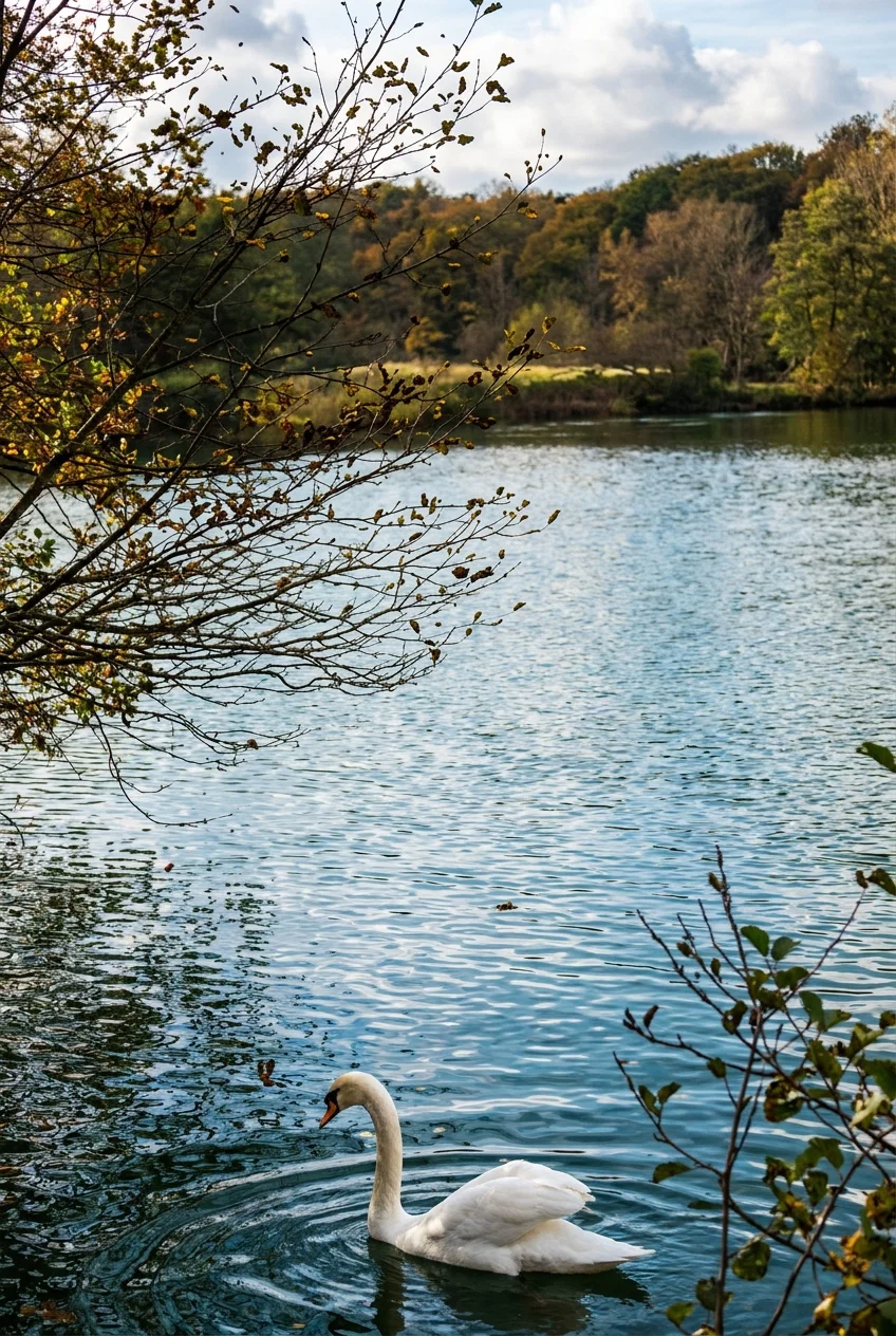 A white swan glides across a calm lake in the foreground, its long curved neck and orange-and-black bill clearly visible as gentle ripples spread around its body. Leafy branches with sparse autumn foliage frame the left side and extend across the upper portion of the scene, while smaller branches enter from the lower right. Beyond the water lies a wooded shoreline in muted green, gold, and brown tones, with a sunlit grassy clearing beneath a partly cloudy blue sky.