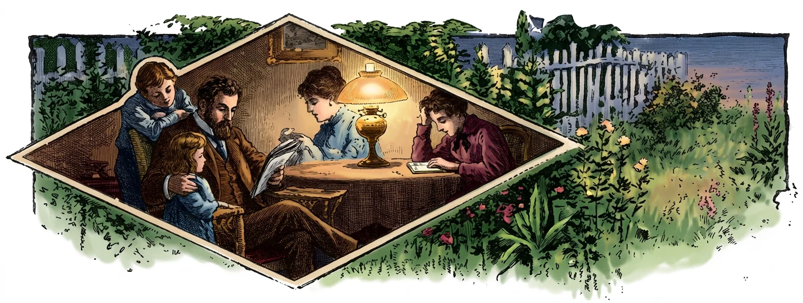 A family gathers inside a cozy, triangular-roofed garden room or conservatory, surrounded by lush greenery, flowering plants, a white fence, and distant blue water or sky. A bearded man seated at the table reads an open newspaper or book, with a young girl beside him and another child leaning over his shoulder. Two women sit opposite him, one appearing to read or write in a notebook while the other looks toward the reading. A glowing oil lamp illuminates the wooden interior and tabletop, creating a warm domestic scene amid the outdoor garden.