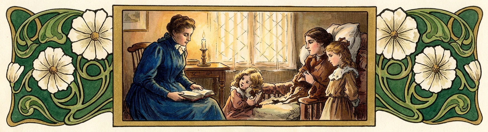 A warmly colored interior scene shows a woman in a deep blue dress seated at left, reading aloud from an open book to a family gathered around a bed. A reclining child rests against pillows at center, while a seated woman beside the bed supports or tends to the child, and a young girl in a brown dress stands at right holding a small object. A lit candle, table, chair, curtained window, and framed wall picture establish the domestic setting. The scene is bordered on both sides by ornate green Art Nouveau foliage and large white flowers.